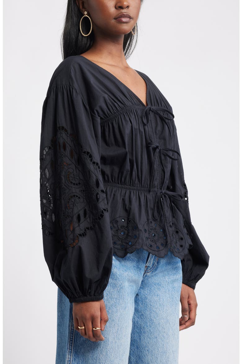 Long Sleeve Cotton Eyelet Top, Alternate, color, BLACK