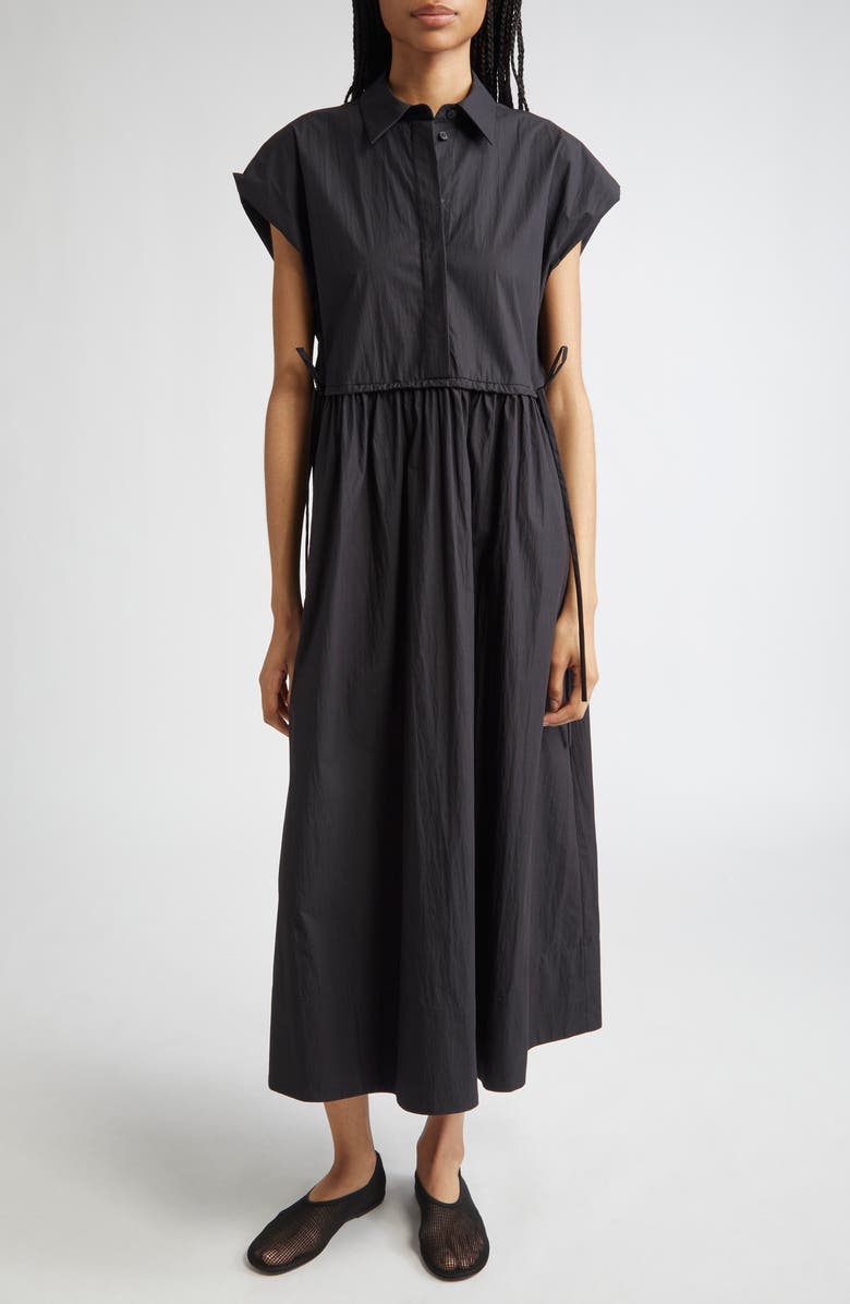 Lafayette 148 New York Travel Cotton Gathered Waist Shirtdress, Main, color, Black