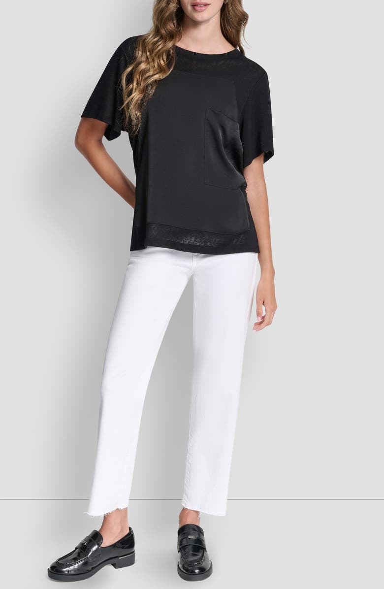 DKNY Mixed Media Satin Top, Alternate, color, Black