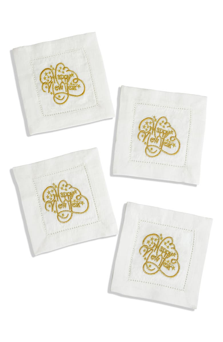 Tiramisu Embroidered Set of 4 Holiday Cocktail Napkins, Main, color, Gold