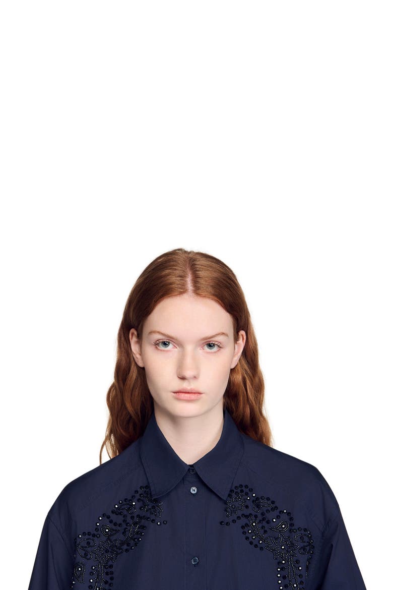 Floral embroidered cotton shirt, Alternate, color, Navy blue