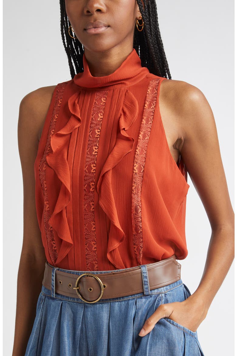 Christing Lace & Ruffle Detail Sleeveless Silk Top, Alternate, color, AMBER