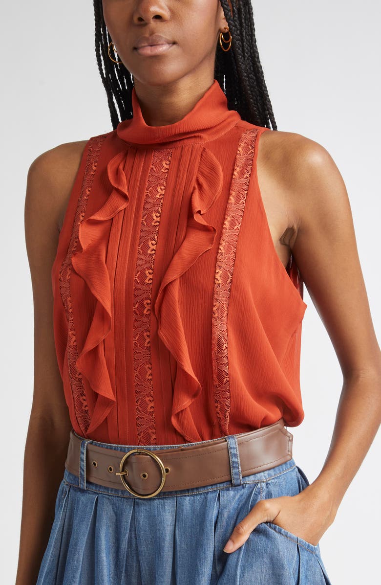 Ramy Brook Christing Lace & Ruffle Detail Sleeveless Silk Top, Alternate, color, Amber
