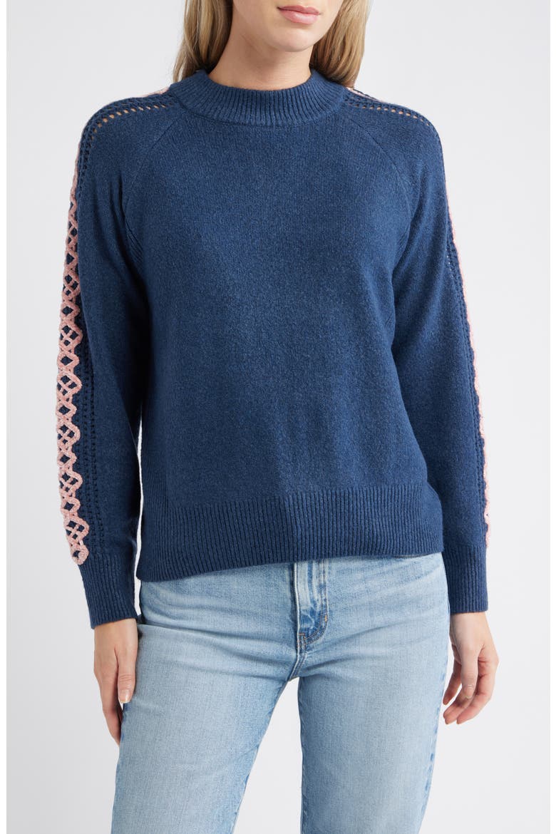 Embroidered Sleeve Mock Neck Sweater, Main, color, CADET BLUE