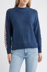 CITY BLUES Embroidered Sleeve Mock Neck Sweater