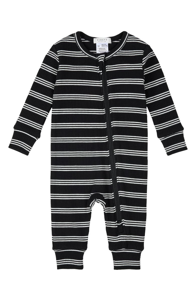 FIRSTS by Petit Lem Stripe Fitted One-Piece Zip Pajamas, Main, color, Black