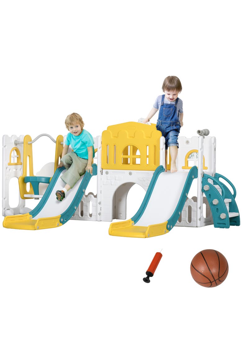 Toddler Slide and Swing Set, with 2 Slides, Basketball Hoop, Main, color, Yellow