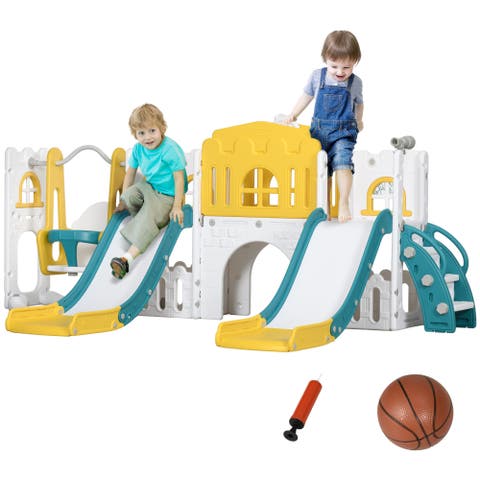 Toddler Slide and Swing Set, with 2 Slides, Basketball Hoop