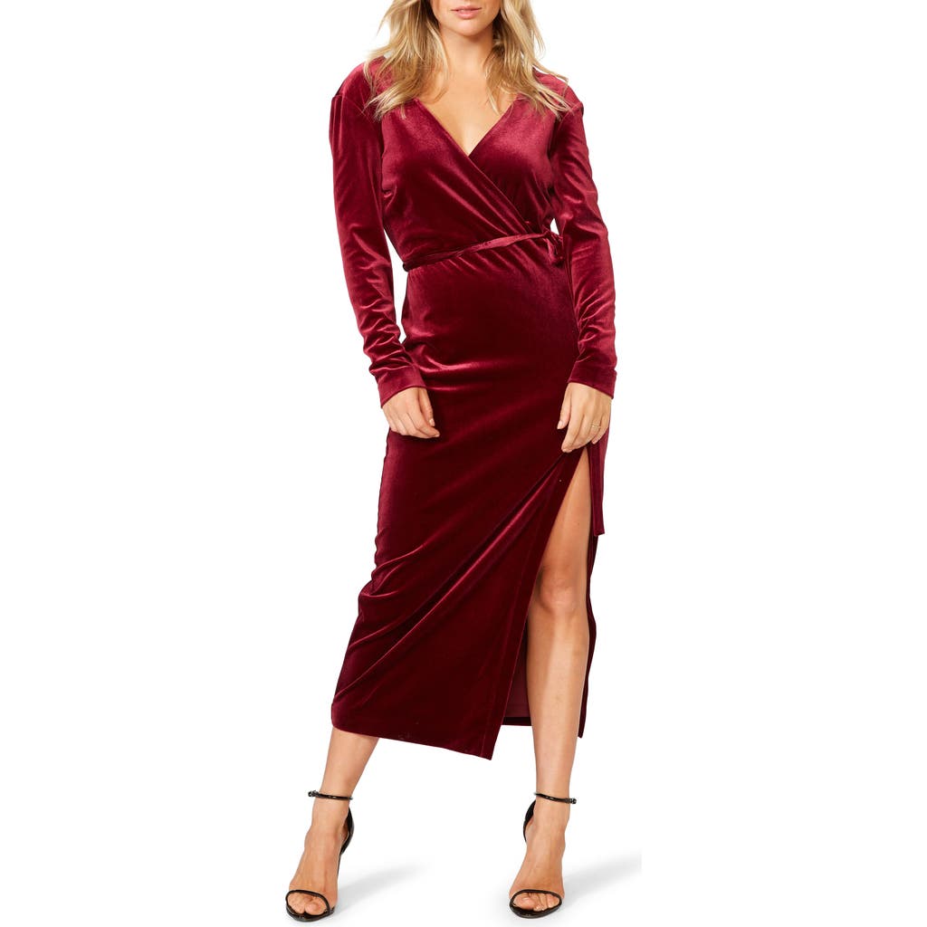 Bardot Morgan Long Sleeve Velvet Faux Wrap Dress In Burgundy