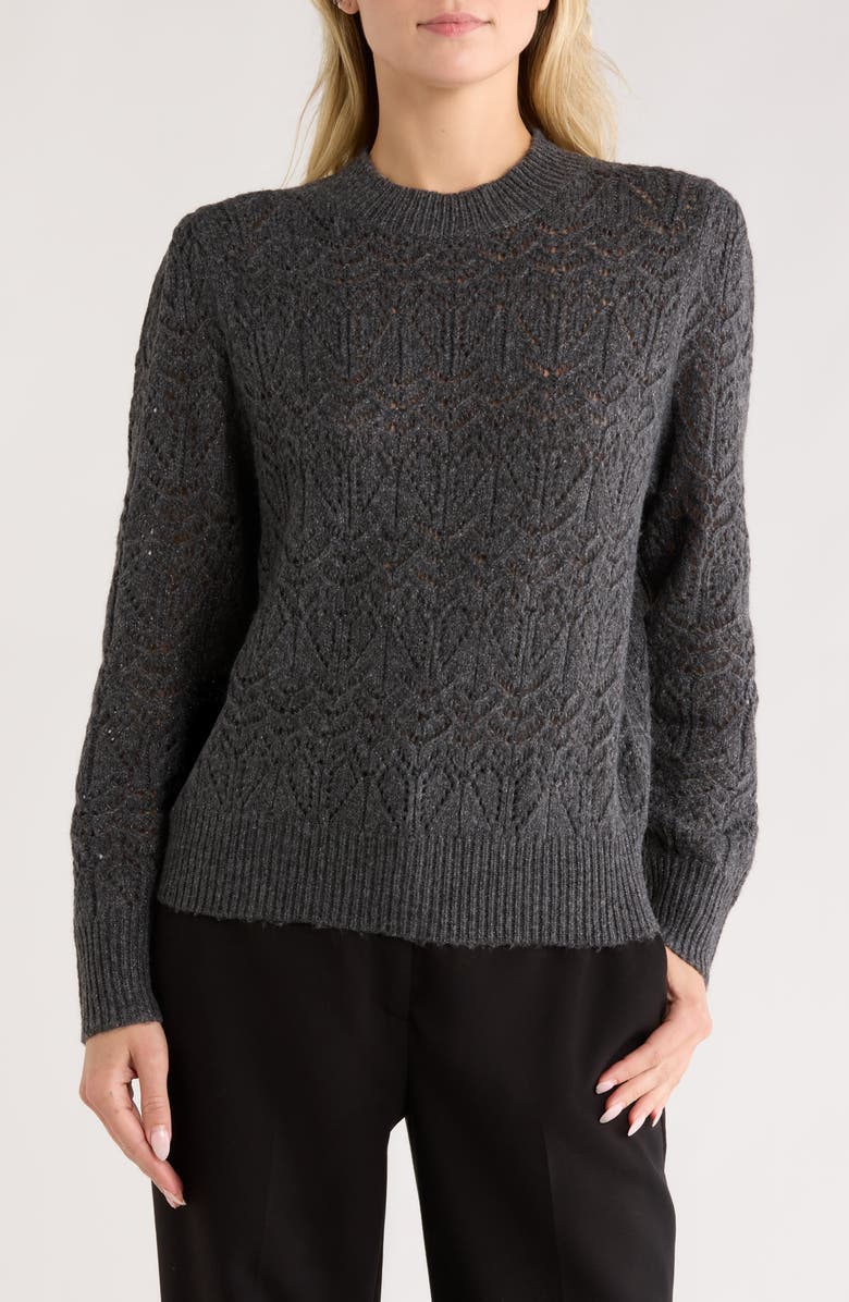 Melrose and Market Sparklke Pointelle Stitch Sweater, Main, color, Grey Dark Charcoal Heather