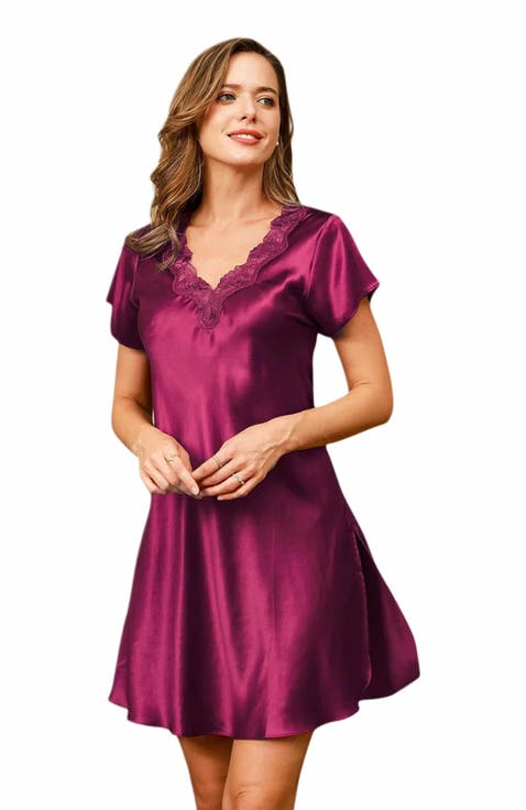 Pure Silk Lace Neck Split Hem Nightgown
