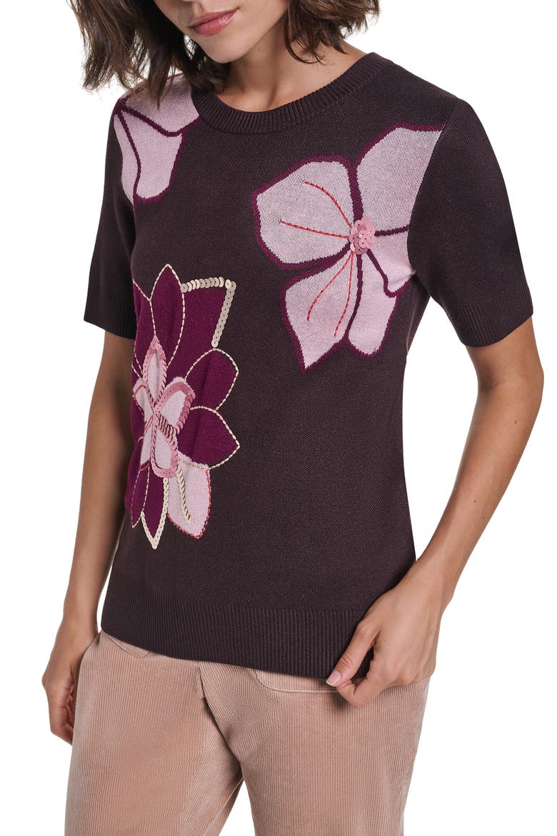 Embellished Floral Sweater, Main, color, CHOCOLATE