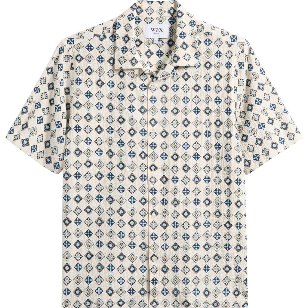 Wax London Didcot Geo Tile Print Stretch Seersucker Camp Shirt In White