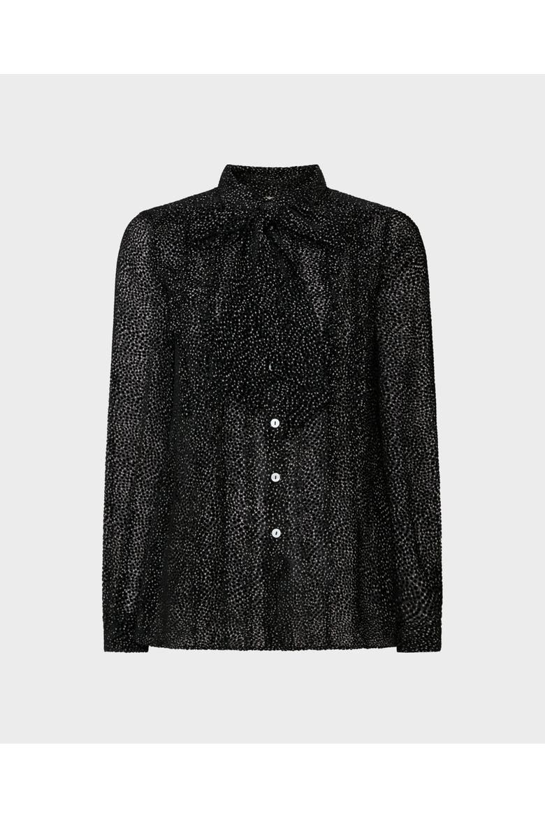 Velvet & Silk Mix Frill Tie Neck Blouse, Main, color, Black and Grey Polka Dots