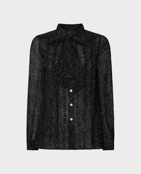 Velvet & Silk Mix Frill Tie Neck Blouse