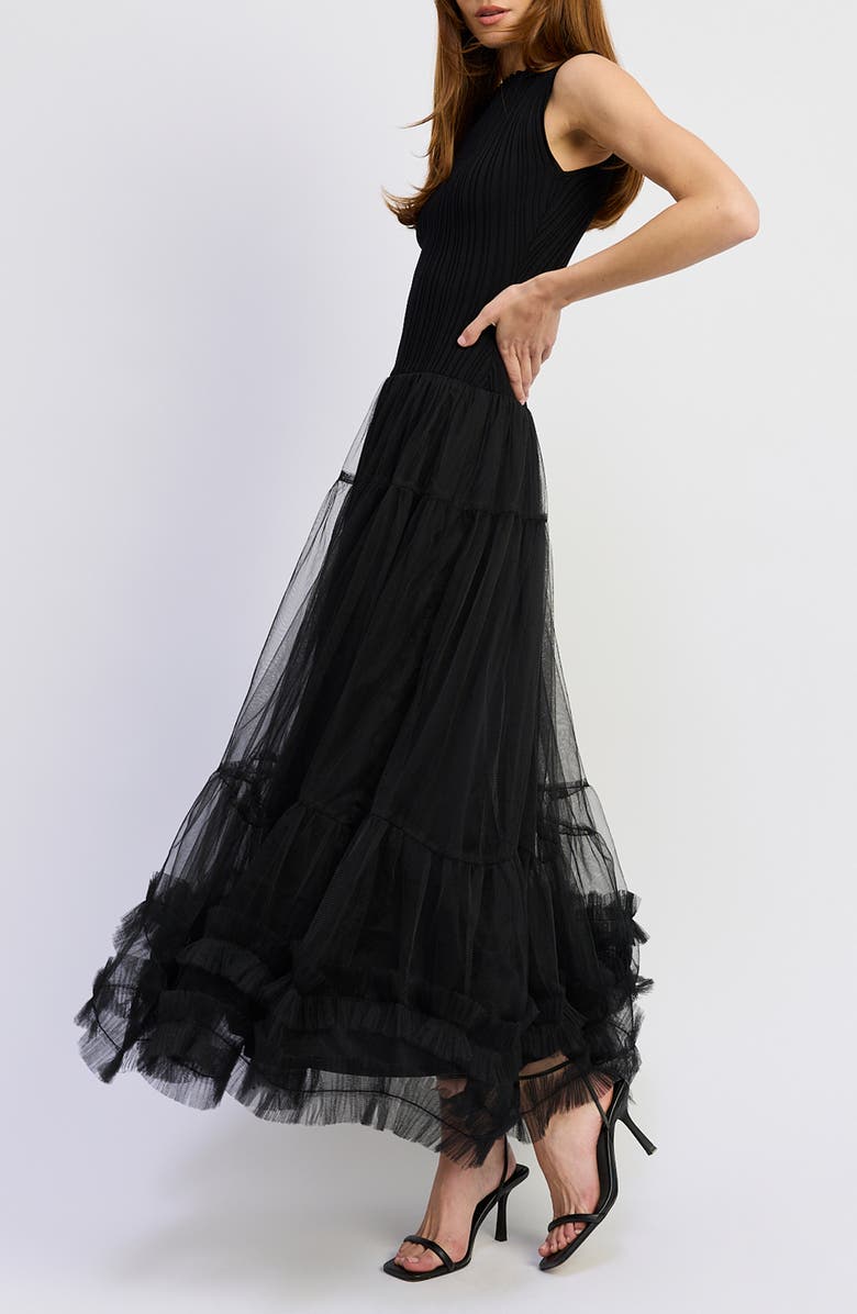 En Saison Darcy Mixed Media Tulle Gown, Alternate, color, Black