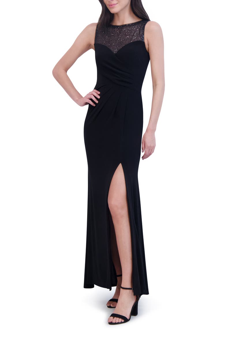 Sequin Mesh Yoke Column Gown, Alternate, color, BLACK