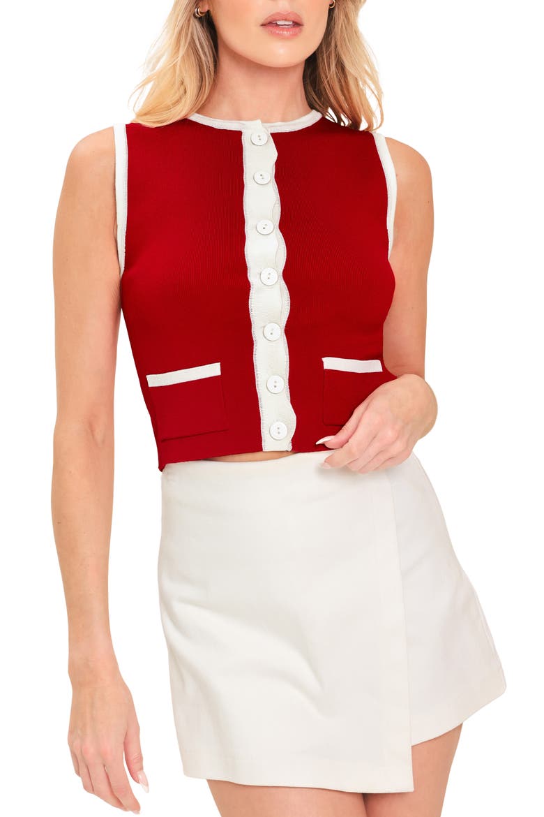 Colorblock Sleeveless Crop Cardigan, Main, color, RED