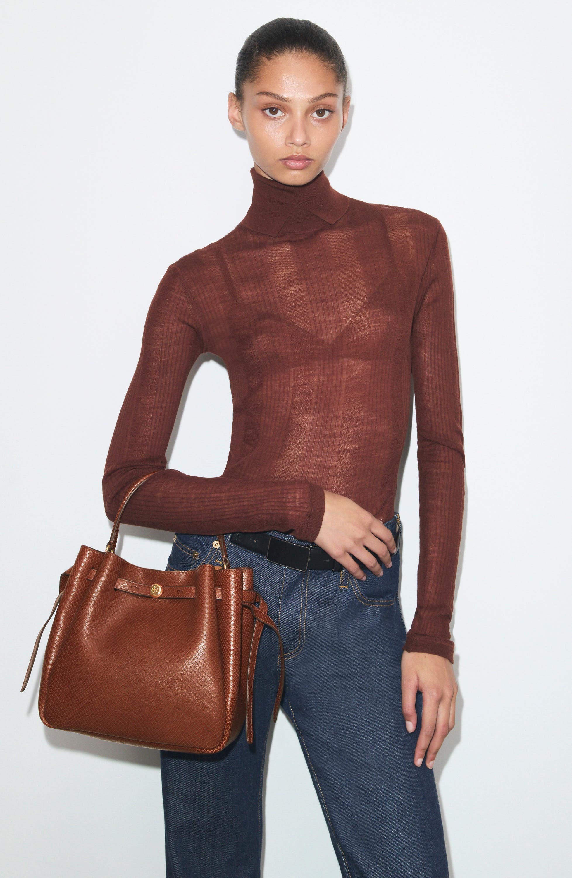 Romy Snake Embossed Leather Bucket Bag, Alternate, color, SWEET MAPLE
