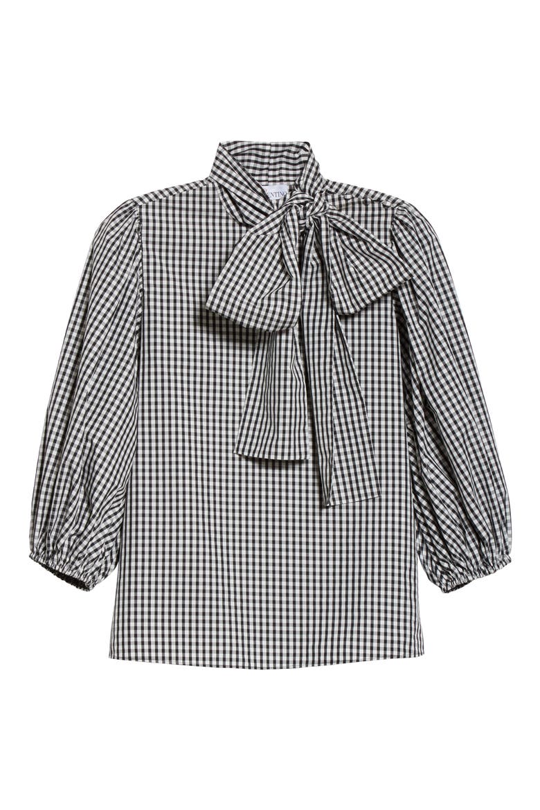 Tie Neck Puff Sleeve Gingham Blouse, Alternate, color, NERO