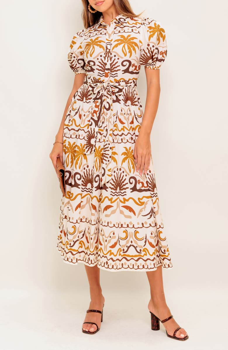 FLYING TOMATO Tropical Print Midi Dress, Alternate, color, Ivory Brown