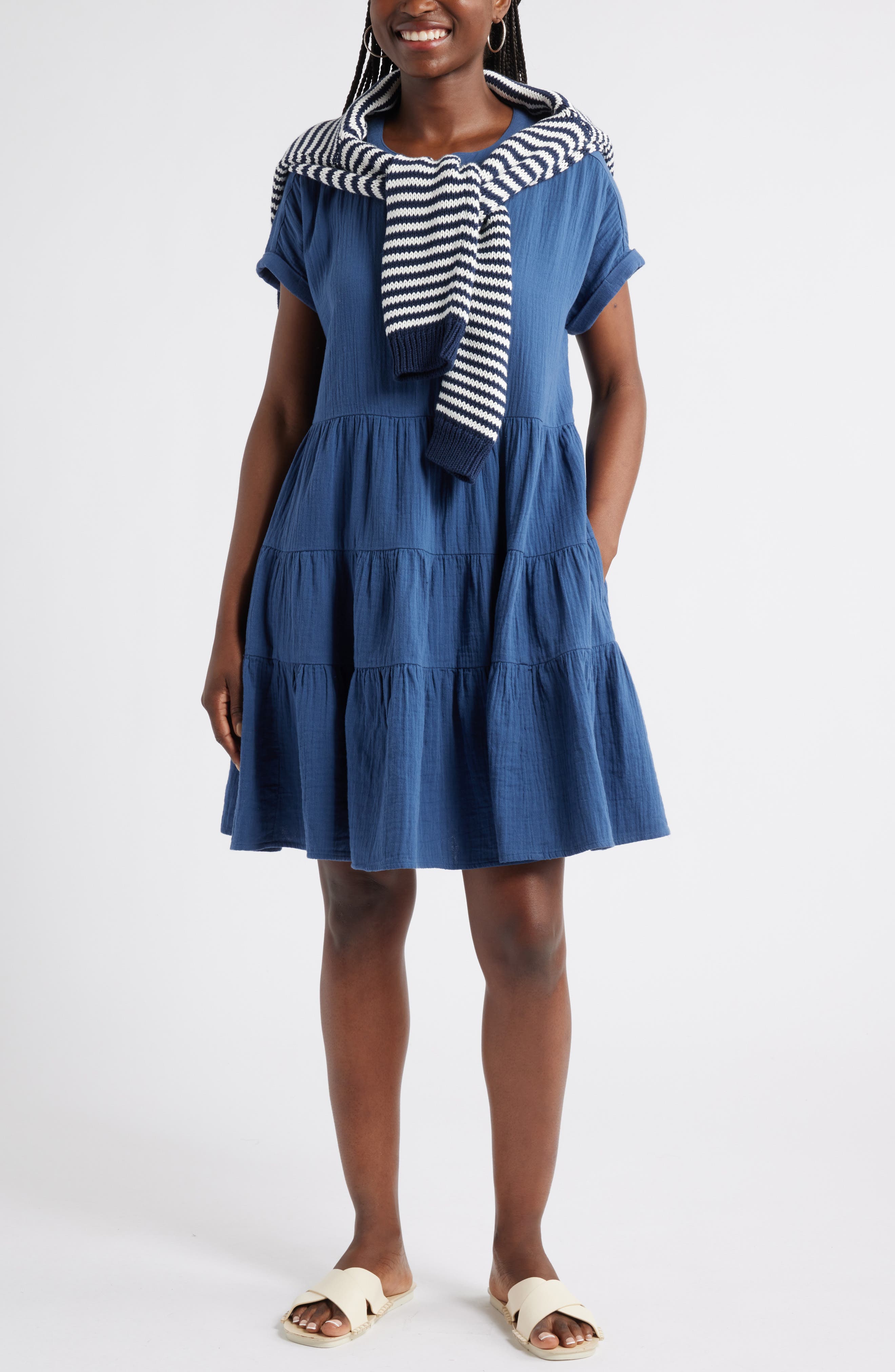popover dress *ONLY SMALL LEFT* Gingham Mini (Sky Blue) length sleeves and a crisp stand Belted popover dress, designed in