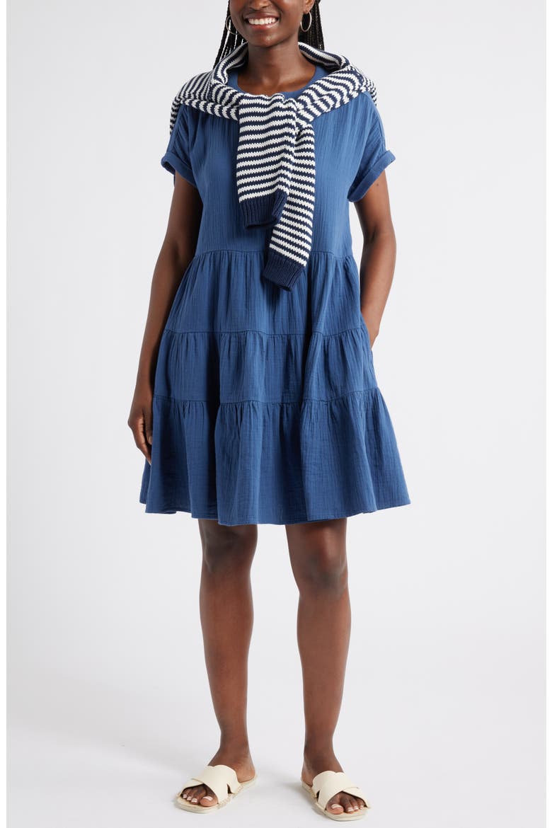 Cotton Gauze Tiered Popover Dress, Alternate, color, NAVY DENIM