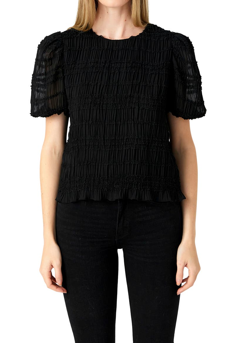 Smocked Puff Sleeve Top, Alternate, color, BLACK
