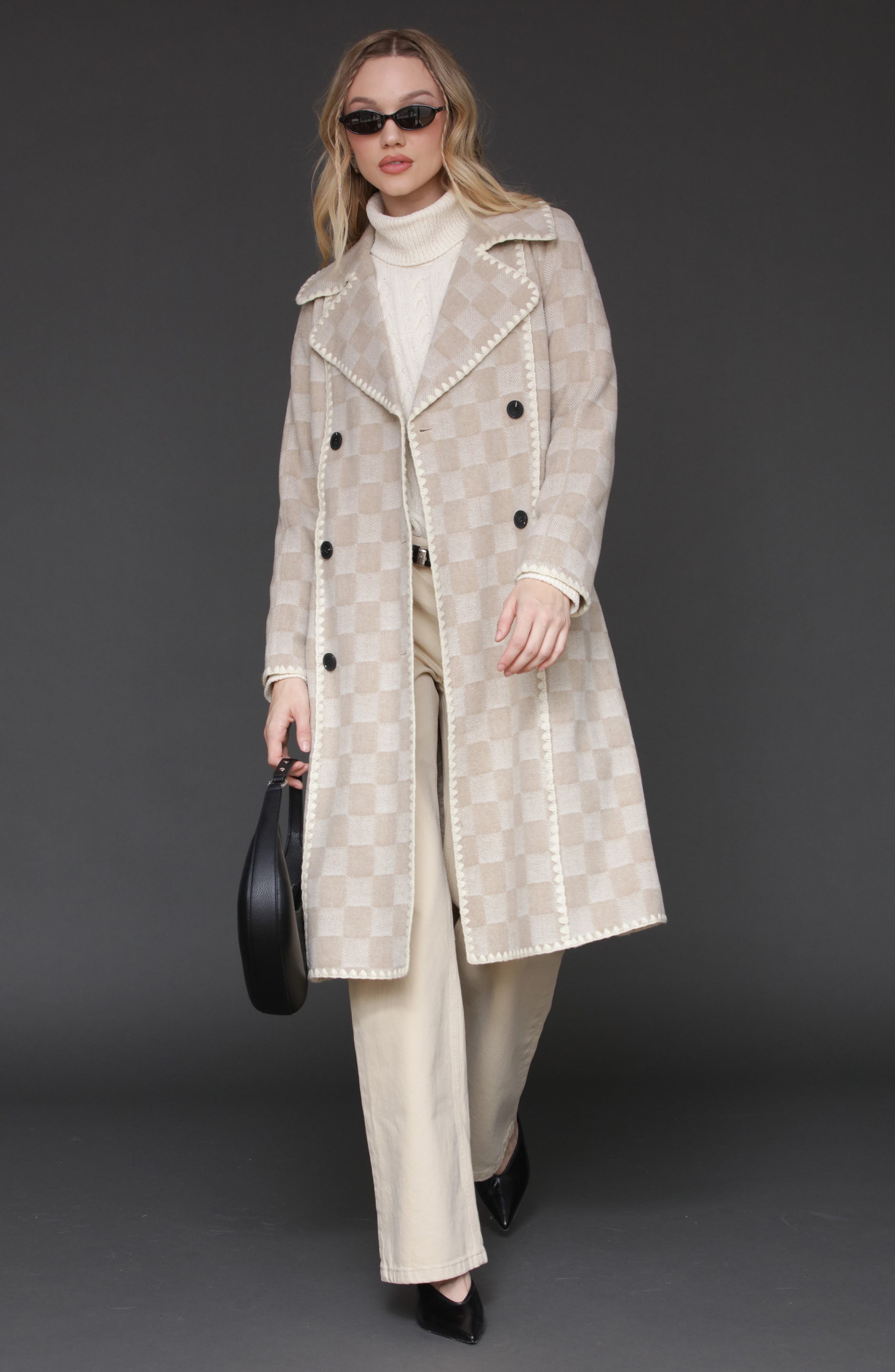 Wool Blend Checkered Blanket Stitch Coat - image 2