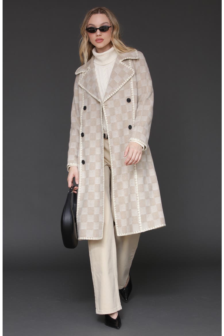 Wool Blend Checkered Blanket Stitch Coat, Alternate, color, SAND CHECK
