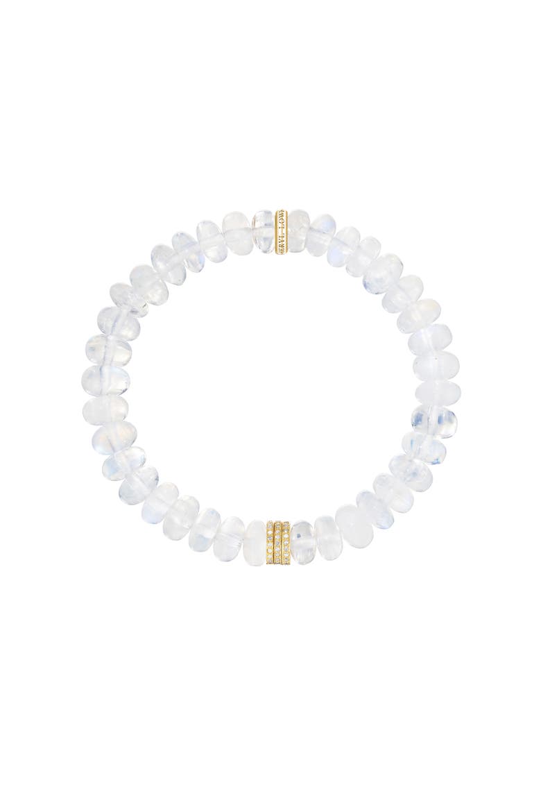 YG Rainbow Moonstone 8mm Bead Bracelet with 3 Clustered Diamond Rondelles, Alternate, color, Moonstone / 14kt Yellow Gold