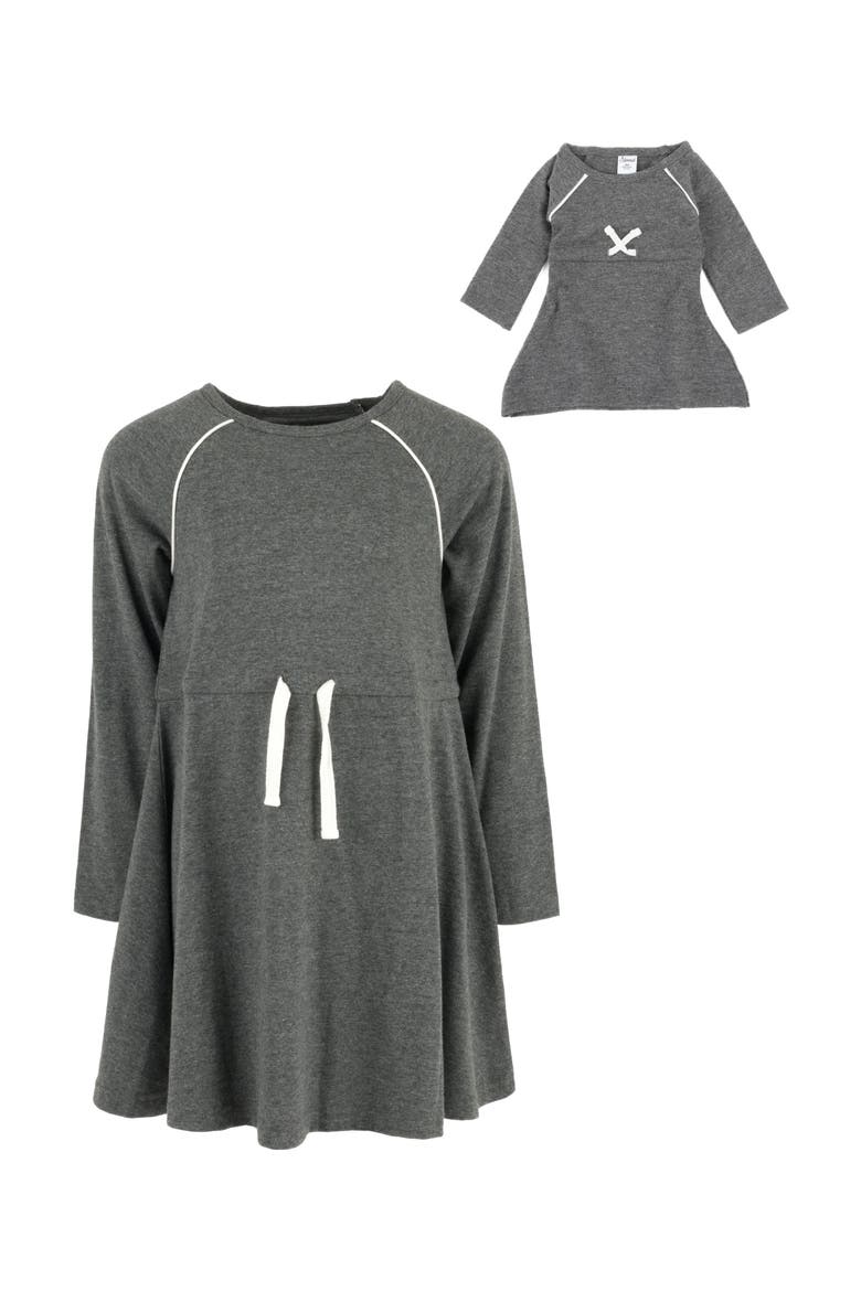 Girls Bow Tie Dress with Matching Doll Dress, Main, color, DARK GREY