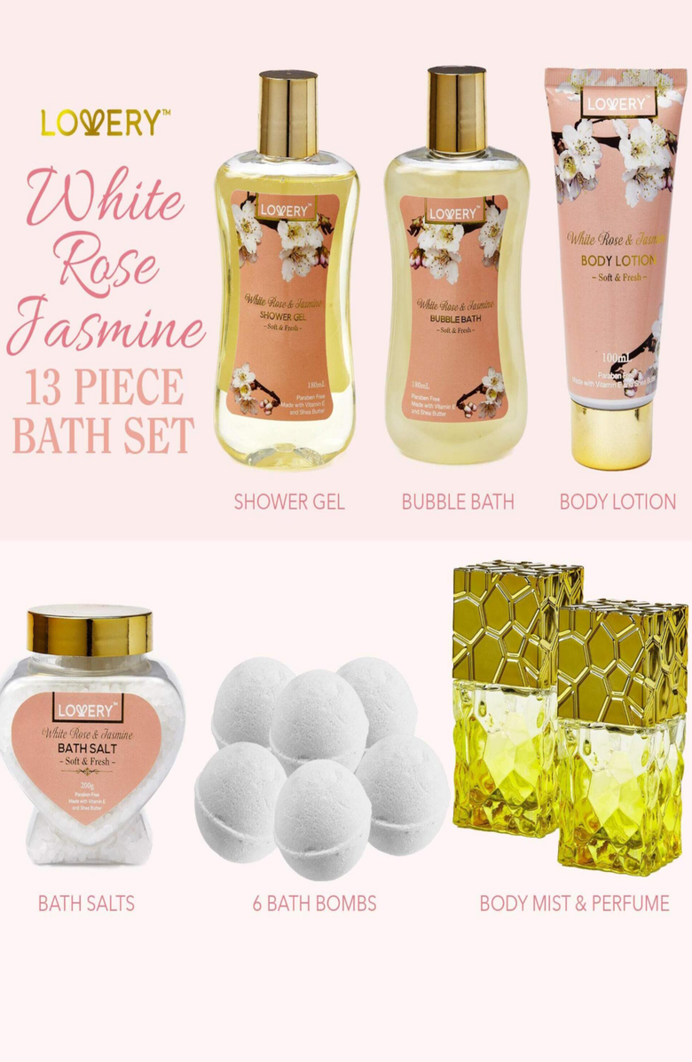 Lovery White Rose and Jasmine Bath And Body Gift Basket, Alternate, color, Light Pink / Gold