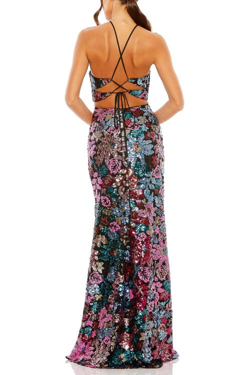 Mac Duggal Sequin Embellished Crossover Halter Neck Gown In Black Multi