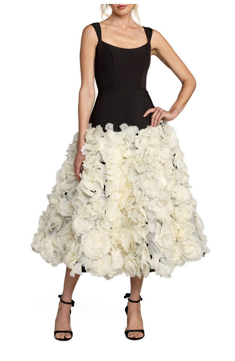 Mac Duggal Sleeveless A Line Crepe Midi Dress With Floral Hem, Main, color, Black Cream