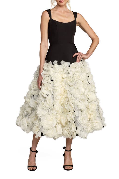 Sleeveless A Line Crepe Midi Dress With Floral Hem