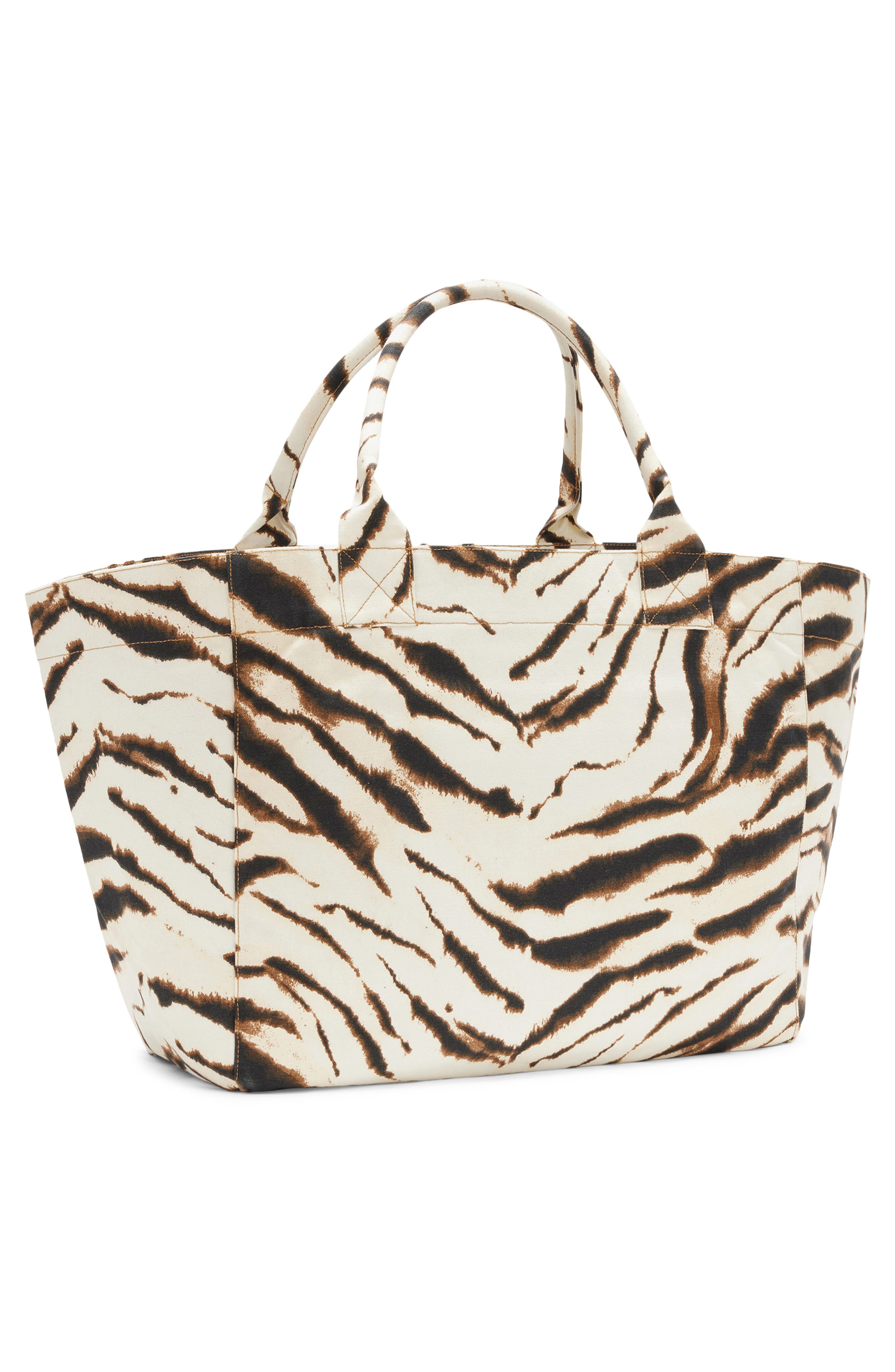 Ganni XXL Zebra Print Shopper Bag, Alternate, color, Egret