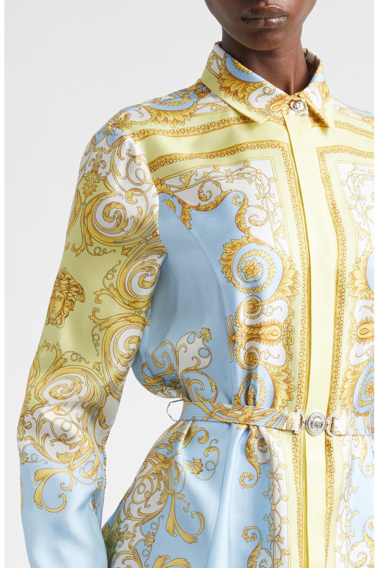 Barocco Print Belted Long Sleeve Silk Shirtdress, Alternate, color, PALE YELLOW PASTEL BLUE