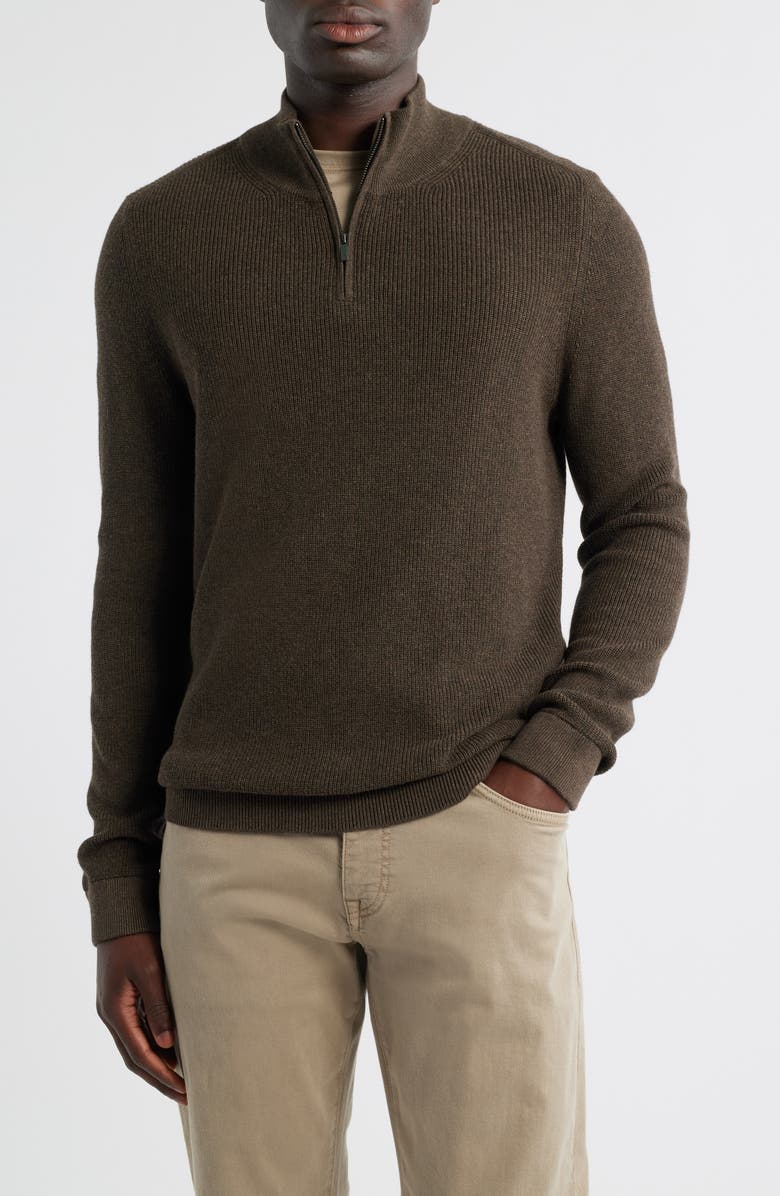 Nordstrom Cotton & Cashmere Quarter Zip Sweater, Main, color, Brown Desert Heather