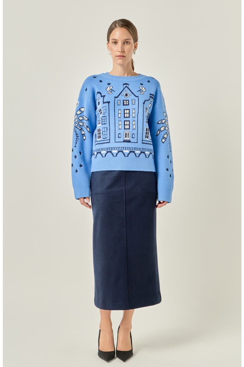 Townhouse Holiday Sweater, Alternate, color, CORNFLOWER BLUE
