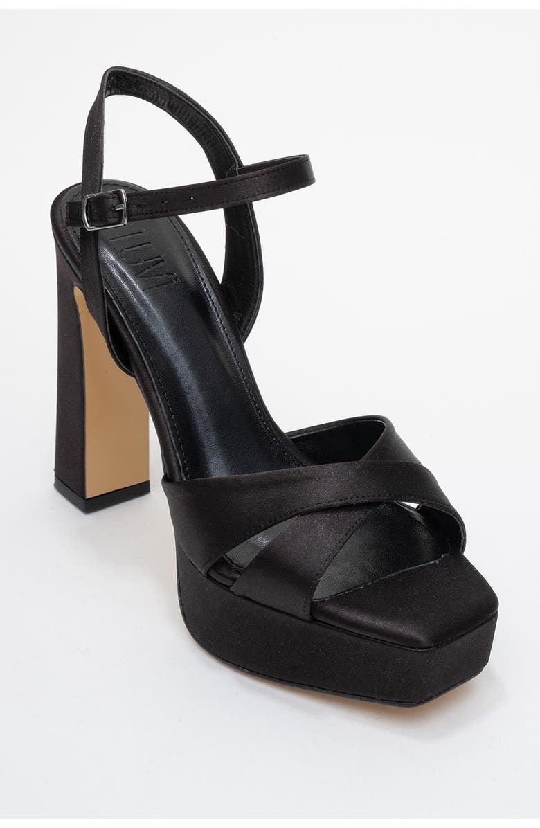 Prologue Shoes Yulia Cross-Strap Platform Heel Sandal, Main, color, Black Satin