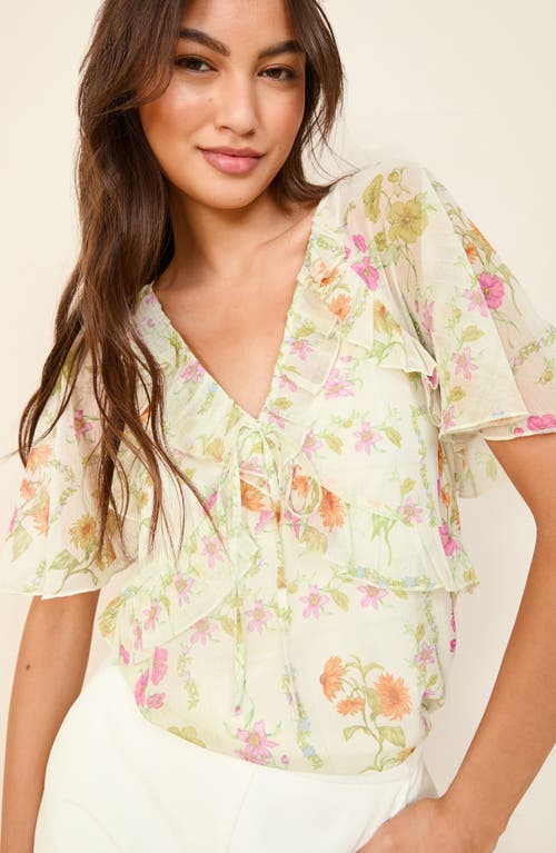 Friends Like These Floral Ruffle Chiffon Top In Beige