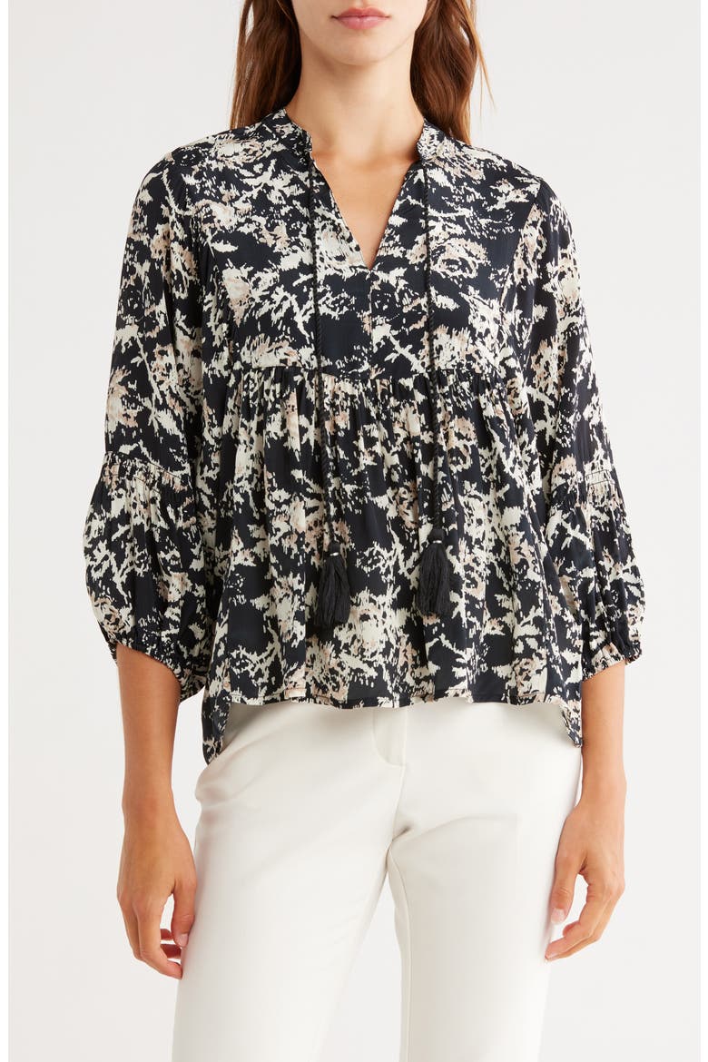 Printed Tie-Neck Top, Main, color, BEIGE/ BLACK STATIC FLORAL