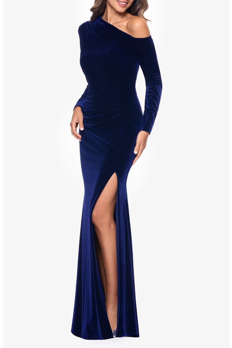One-Shoulder Long Sleeve Velvet Gown, Alternate, color, SAPPHIRE