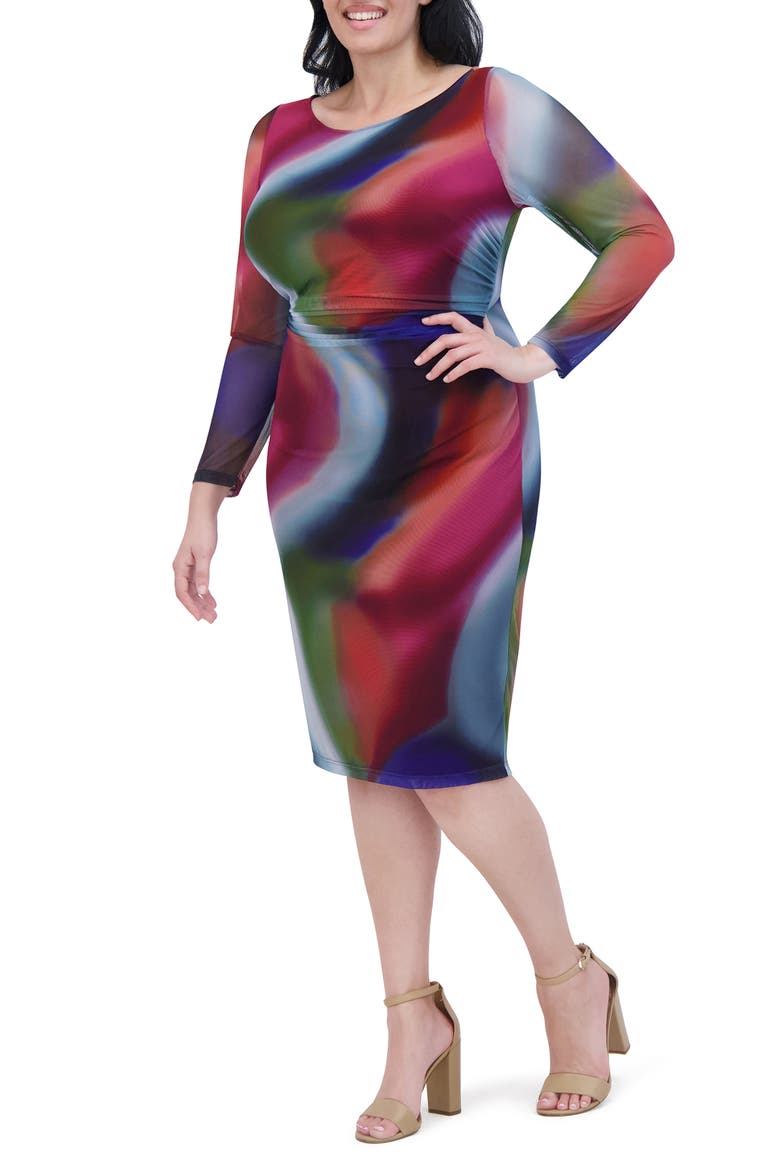 Printed Mesh Long Sleeve Dress, Alternate, color, MULTI