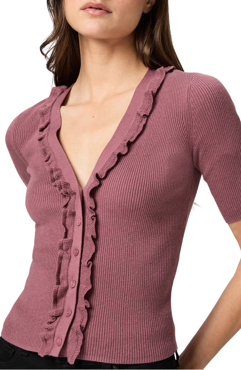 PAIGE Demetra Ruffle Rib Short Sleeve Cardigan, Alternate, color, Rose Tea