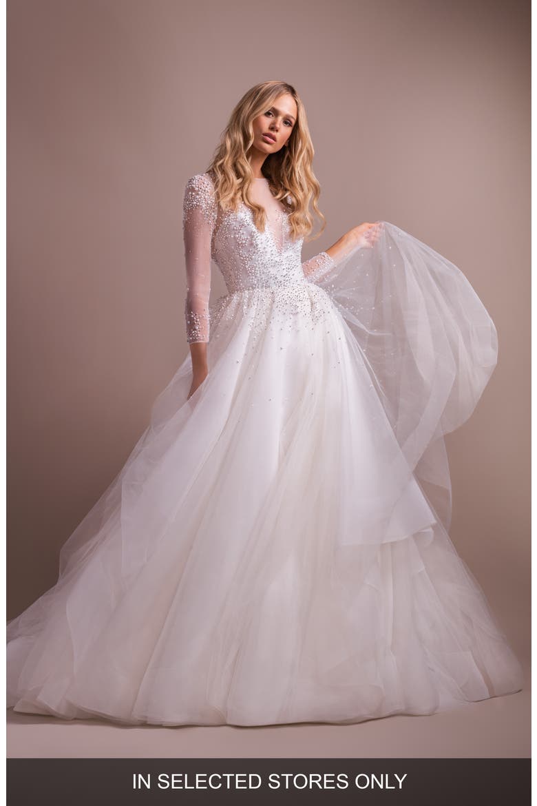 Effie Long Sleeve Open Back Wedding Dress, Main, color, IVORY