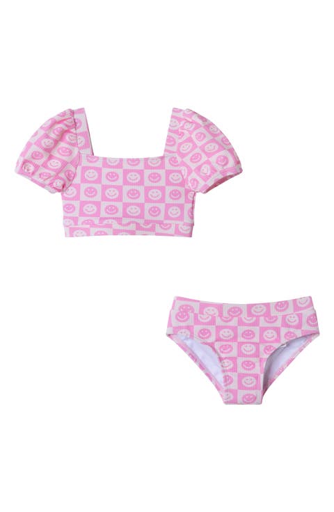 Kids
 Smiley Textured Puff Sleeve Two-Piece Swimsuit (Toddler 
Little Kid)