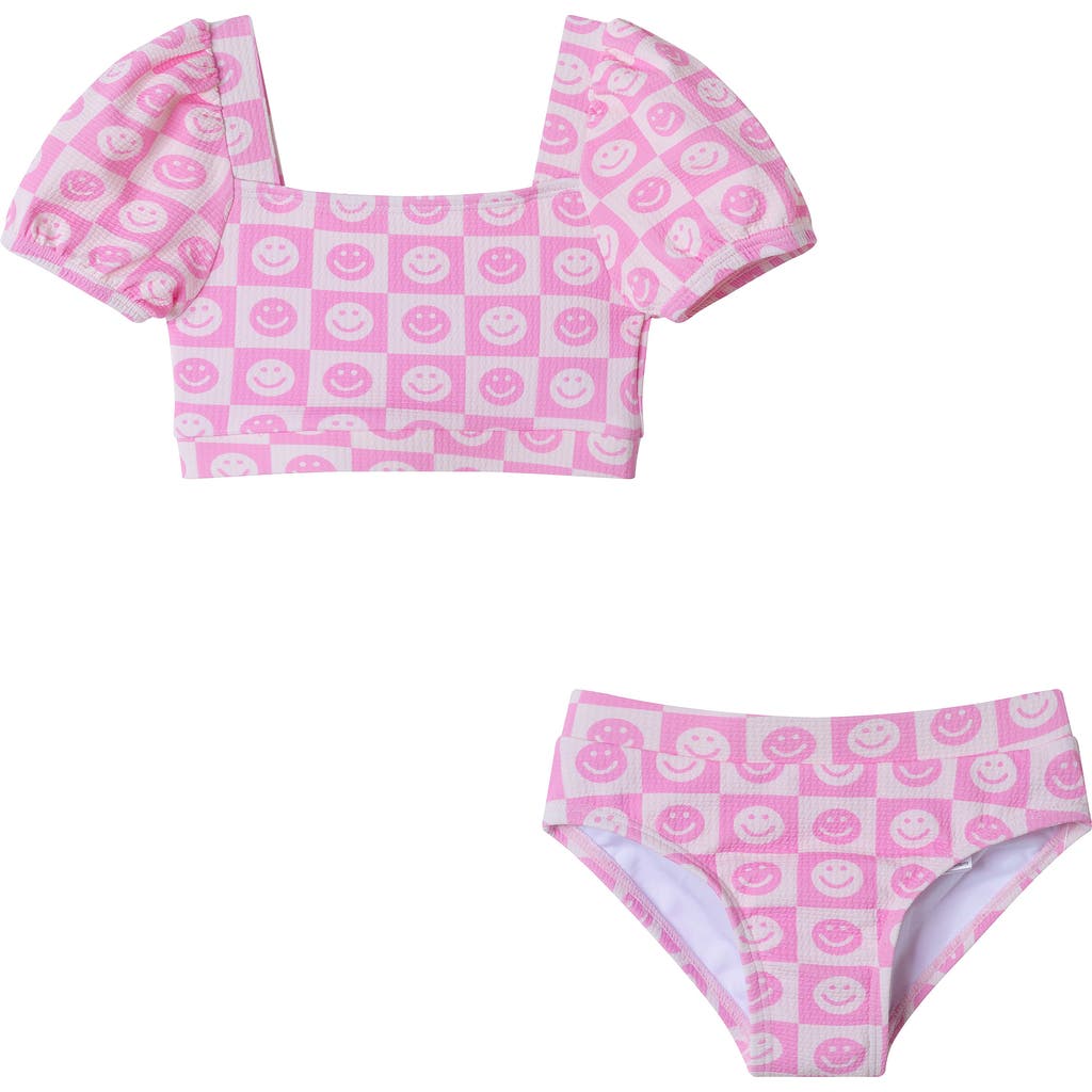 Shop Andy & Evan Kids' Smiley Textured Puff Sleeve Two-piece Swimsuit In Pink Smiley