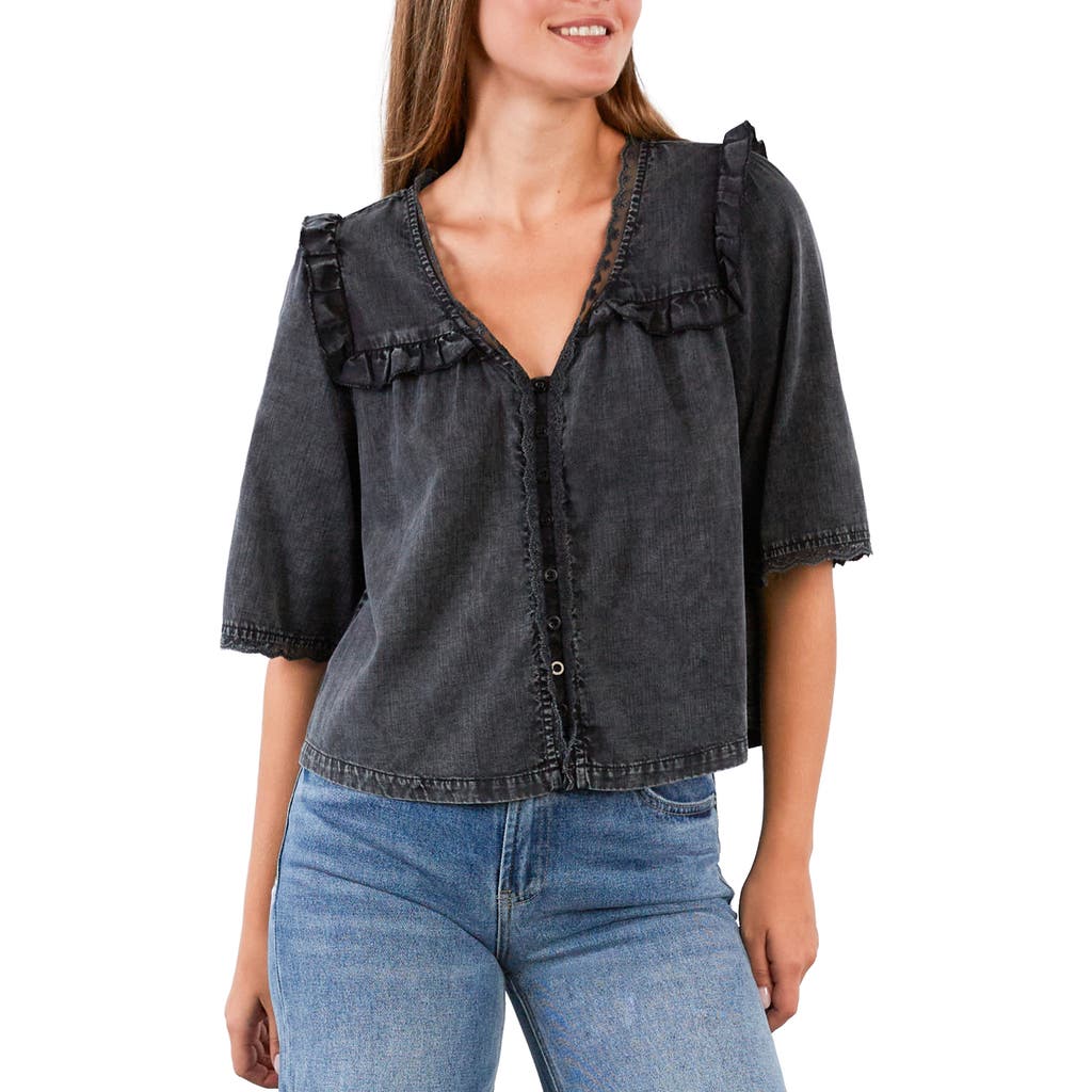 Billy T Juliet Lace & Ruffle Cotton Blend Top In Black
